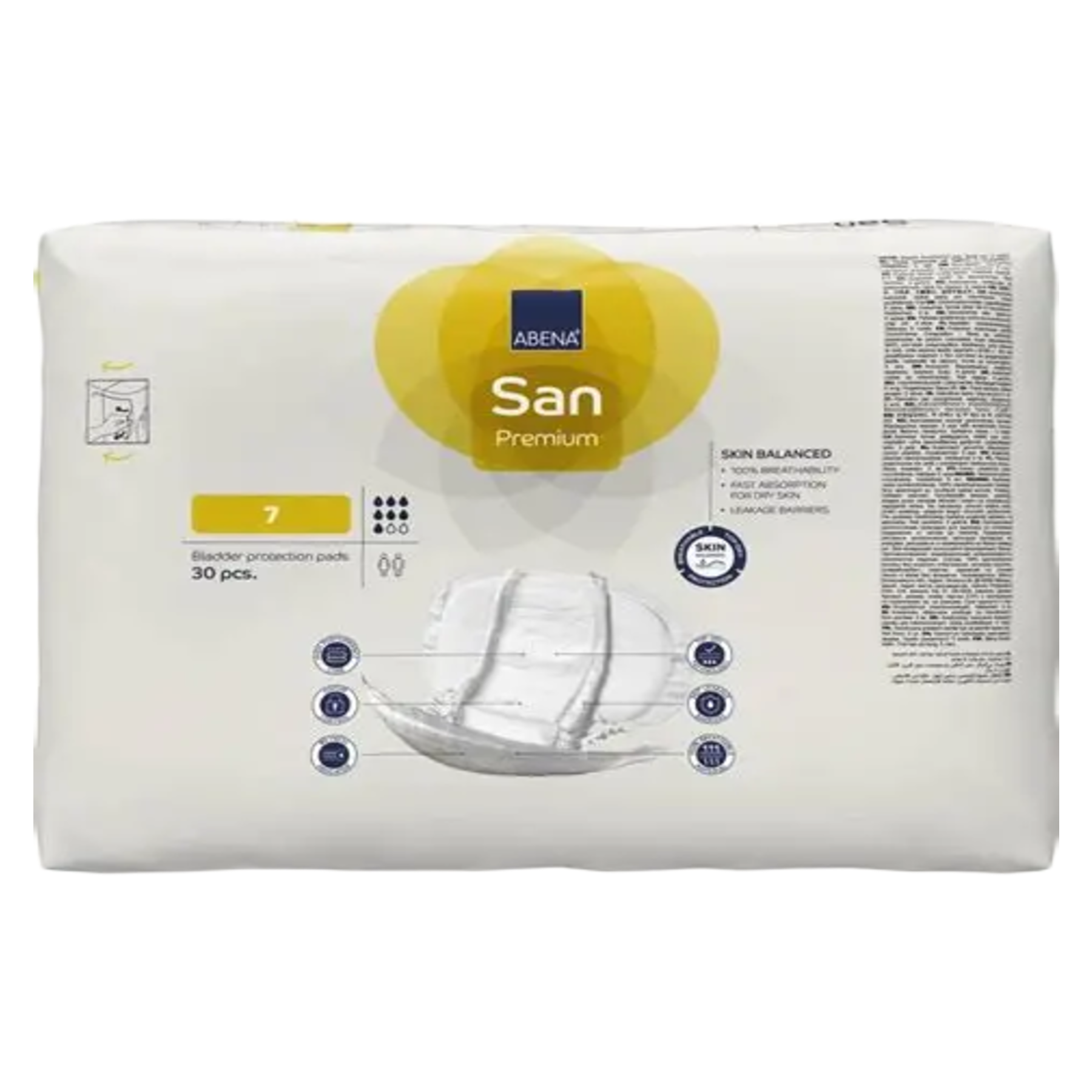 Front view of the Abena San Premium 7 packaging highlighting "Skin Balanced" technology, 100% breathability, and fast absorption for dry skin.