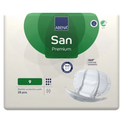 Front view of ABENA San Premium 9 bladder protection pads packaging, showing the level 9 absorbency rating, 28-piece count, and 360-degree leakage barrier icons.