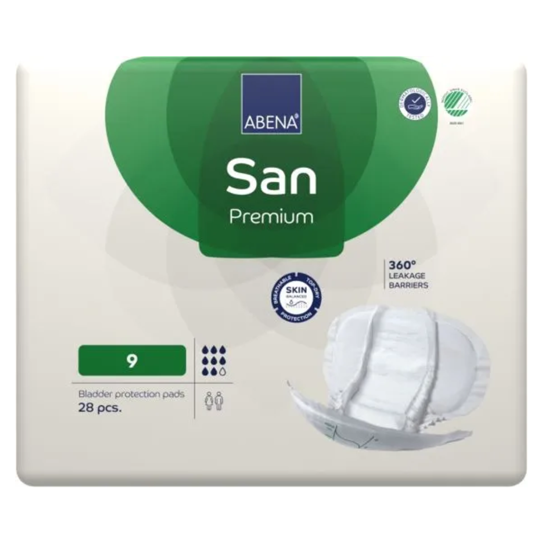Front view of ABENA San Premium 9 bladder protection pads packaging, showing the level 9 absorbency rating, 28-piece count, and 360-degree leakage barrier icons.
