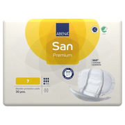 Flat front view of Abena San Premium Level 7 bladder protection pads packaging, showing the yellow level indicator and unisex usage icons.