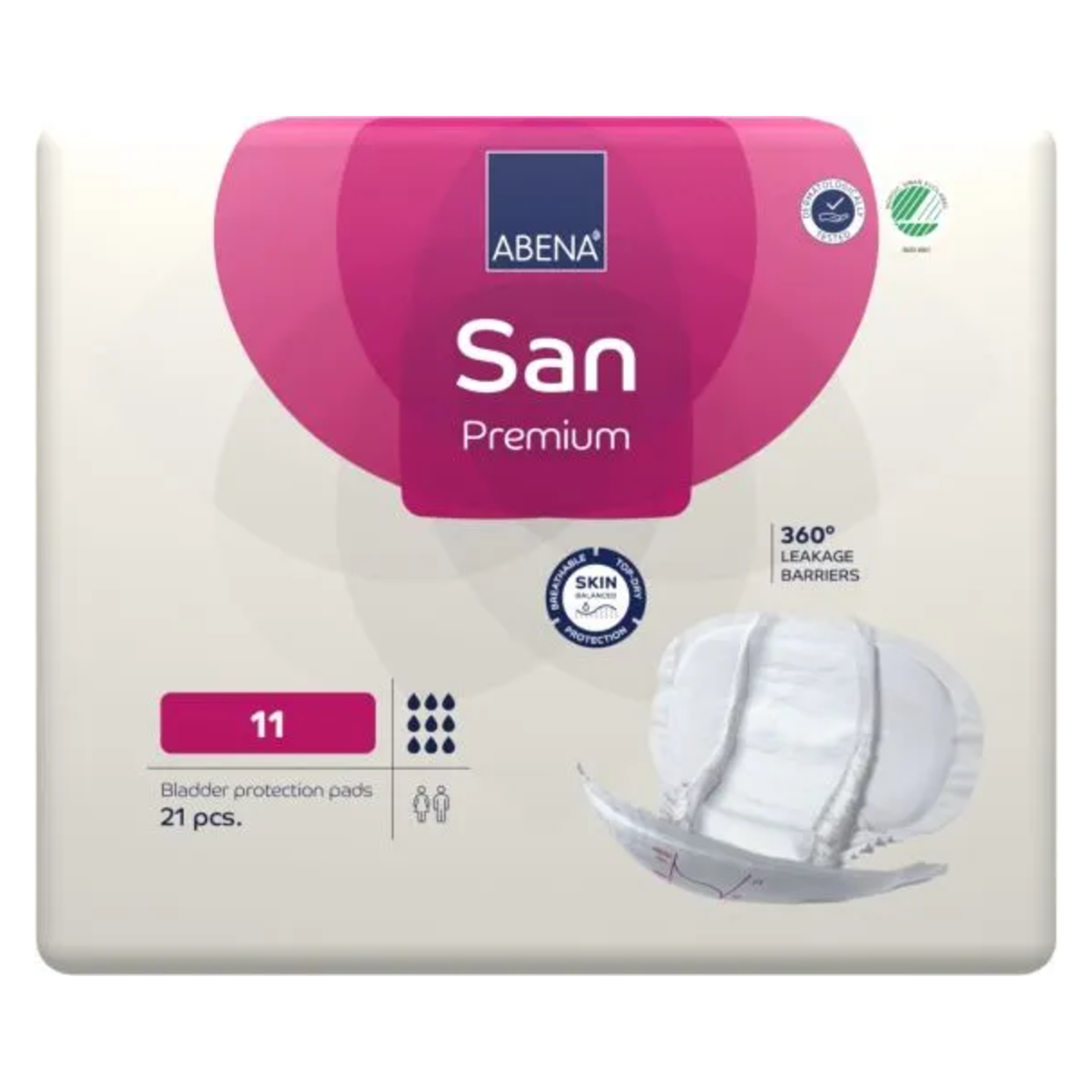 Front view of the Abena San Premium size 11 incontinence pads 21-count pack, featuring 360-degree leakage barriers and dermatologically tested certification.