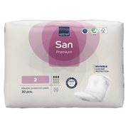 Front view of Abena San Premium size 2 bladder protection pads packaging, featuring the purple design, 3-drop absorbency rating, and FSC certification logo.