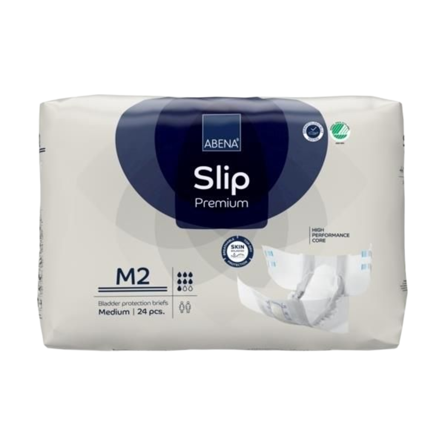Front view of ABENA Slip Premium M2 bladder protection briefs packaging for medium size, featuring a 24-piece count, high performance core, and skin-balanced protection.