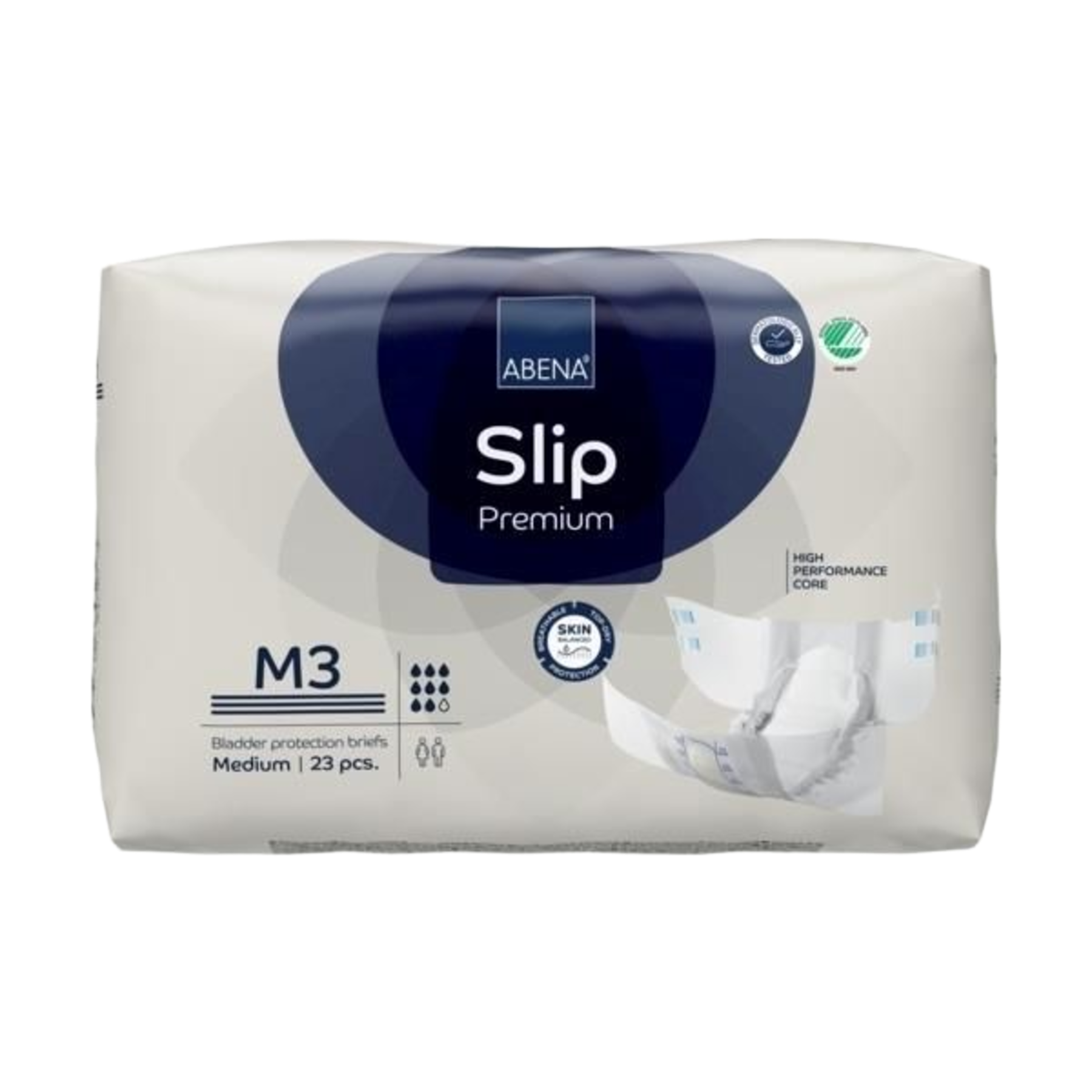 Front packaging view of ABENA Slip Premium M3 medium bladder protection briefs, indicating a 23-piece count and higher absorbency rating.