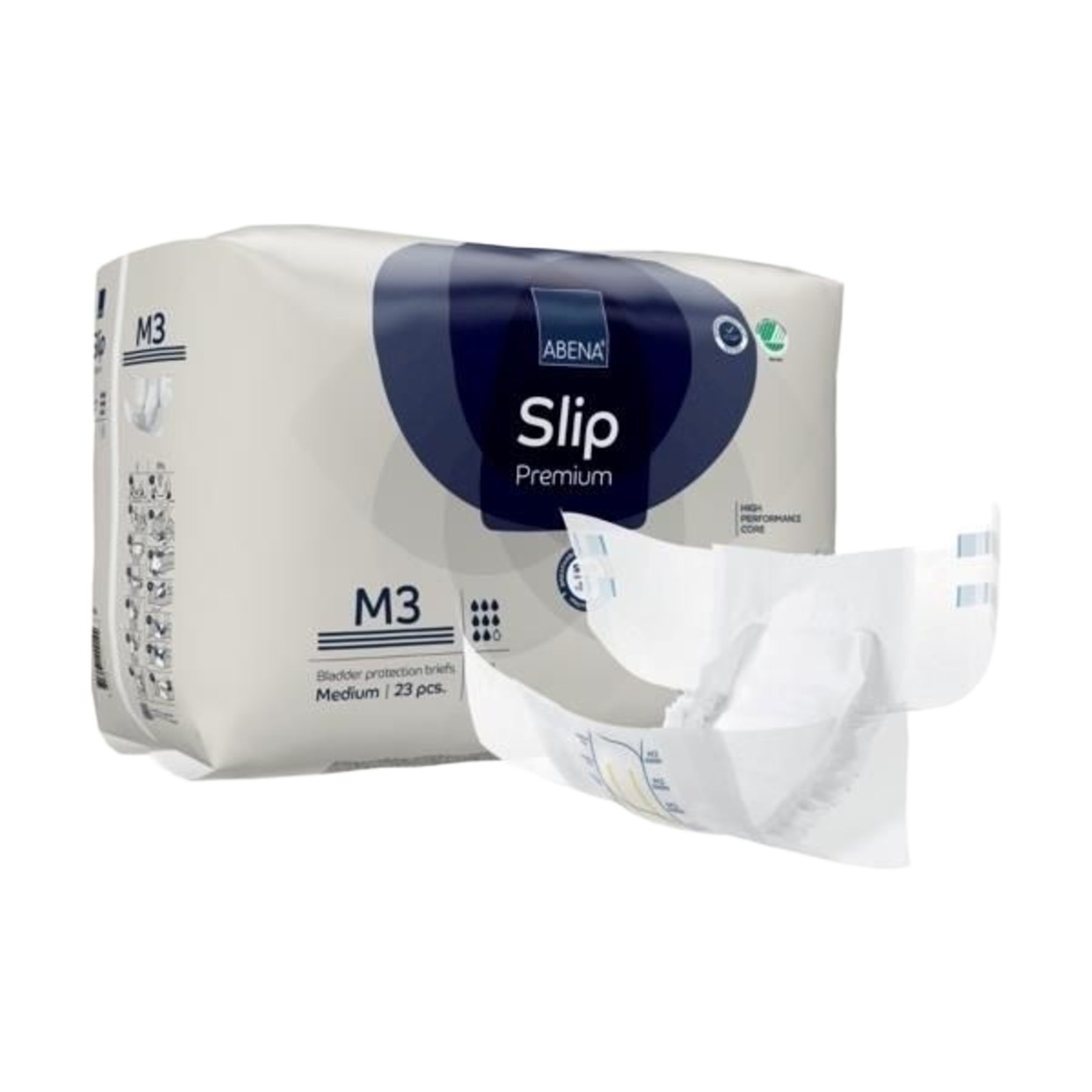 Side perspective of the ABENA Slip Premium M3 pack showing the application instructions and an open view of the protective brief.