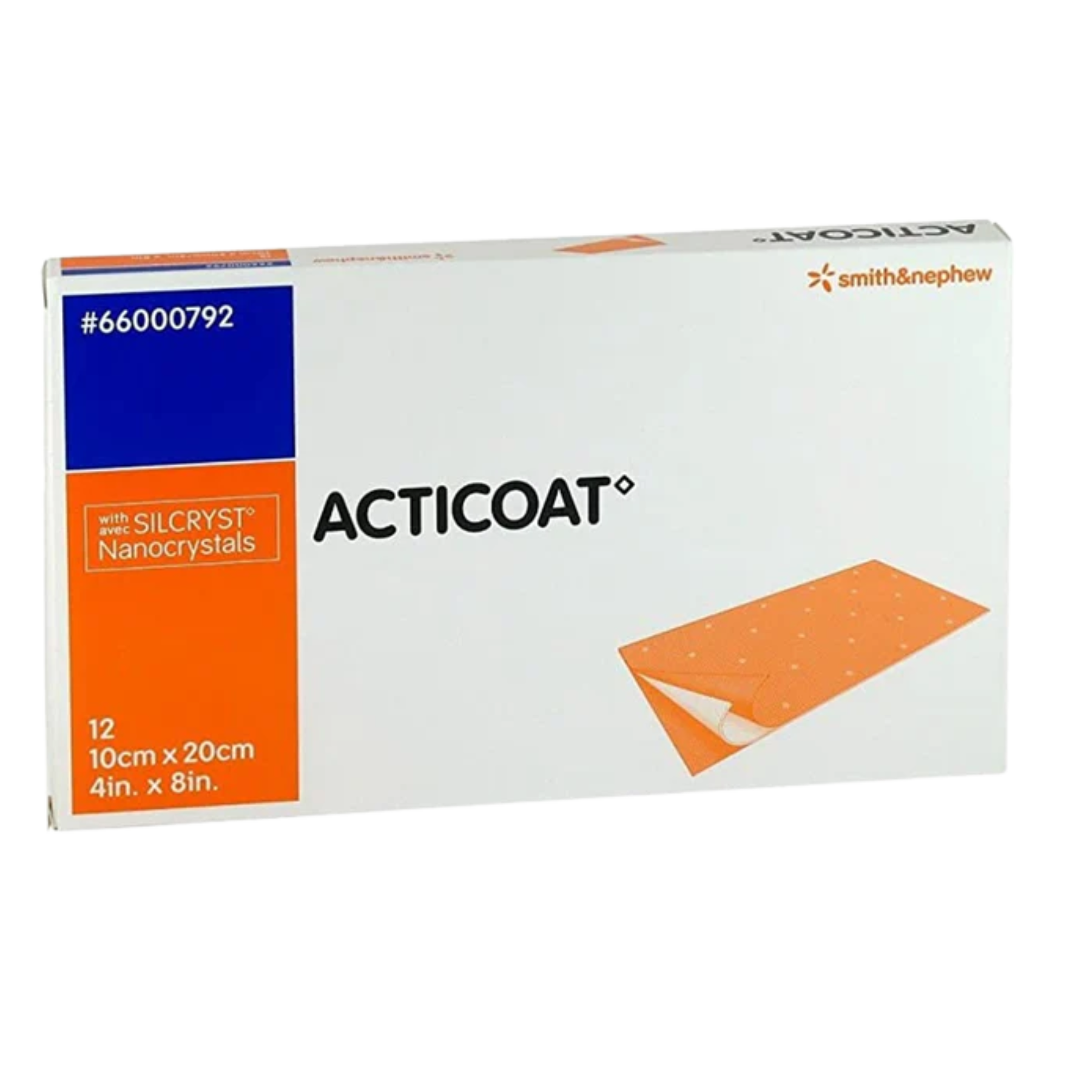 Smith & Nephew ACTICOAT silver-coated antimicrobial barrier dressing, 10cm x 20cm (4in x 8in) size, 12-count box, REF 66000792.