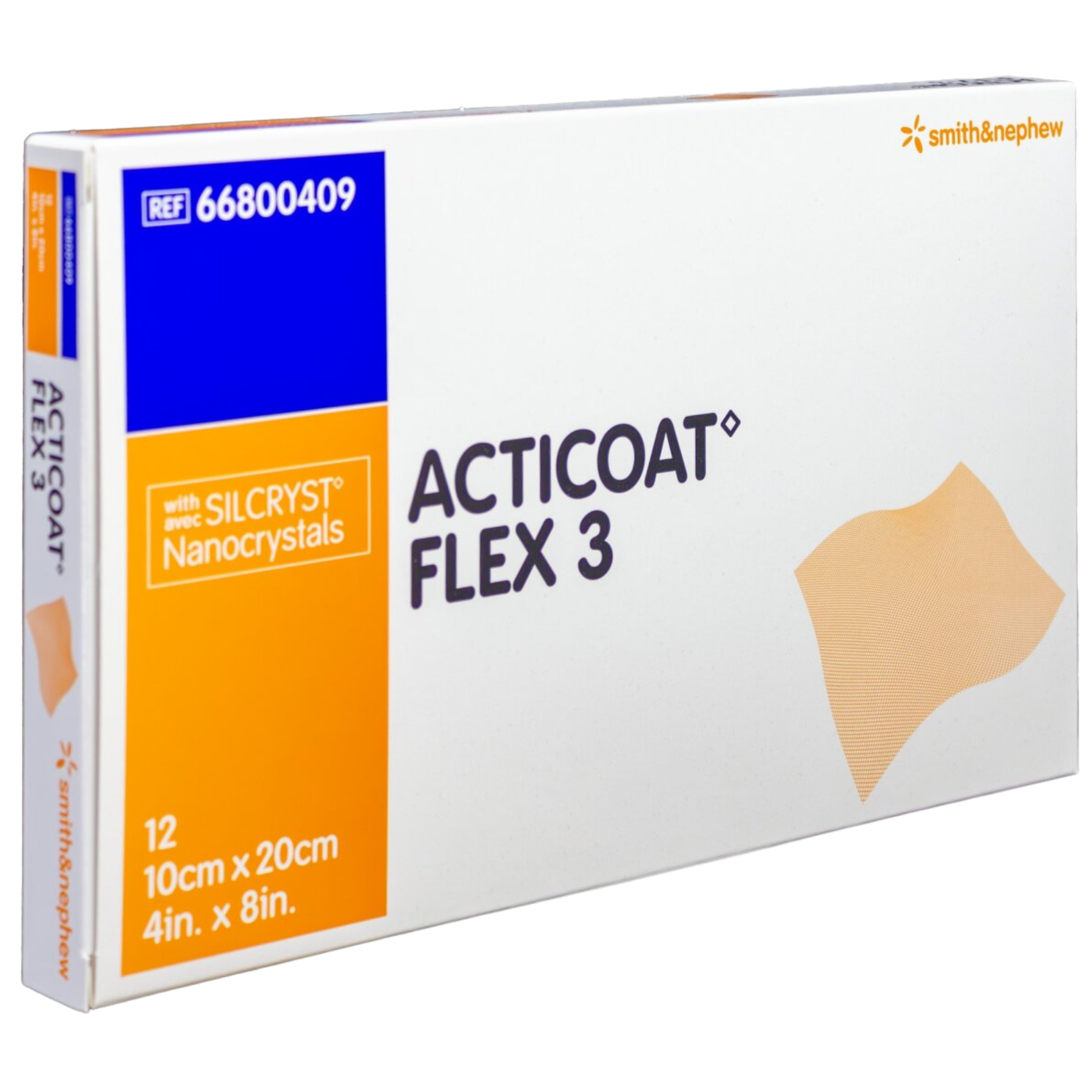 Front view of Smith & Nephew ACTICOAT Flex 3 antimicrobial dressing box, 10cm x 20cm (4in x 8in) size, containing 12 dressings.