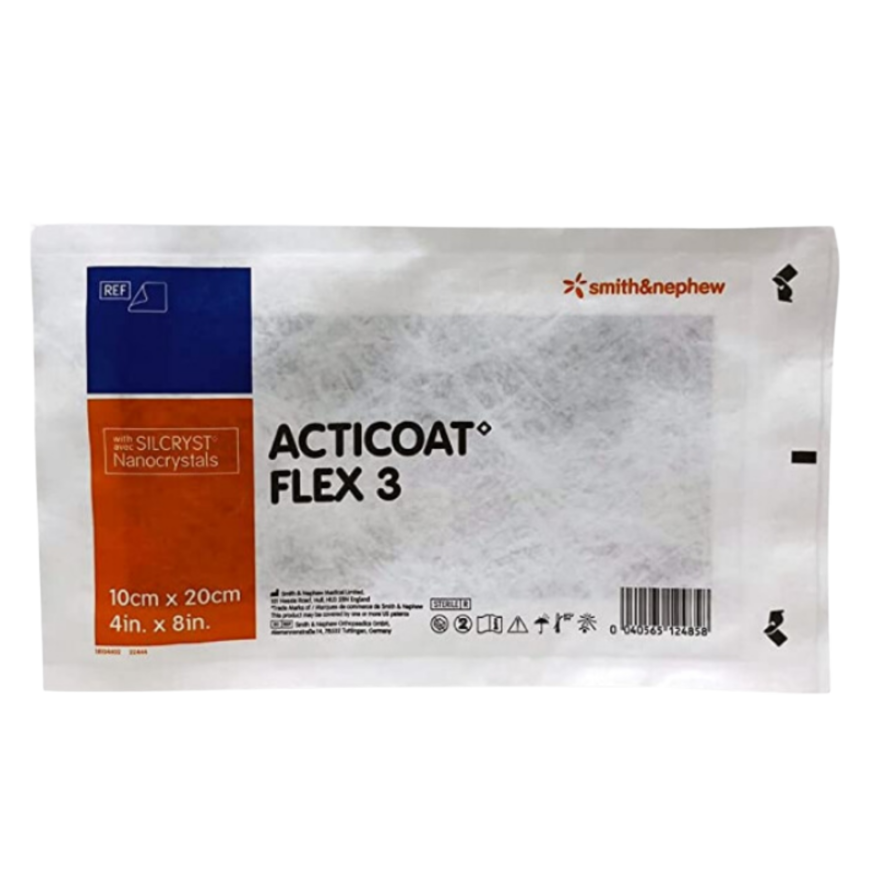 Individual sterile peel-pouch for ACTICOAT Flex 3 antimicrobial barrier dressing, 10cm x 20cm size with SILCRYST Nanocrystals technology.