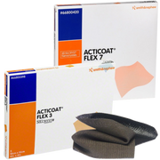 A comparison display showing the retail boxes for both ACTICOAT Flex 3 and ACTICOAT Flex 7 alongside a folded dark grey antimicrobial silver dressing.