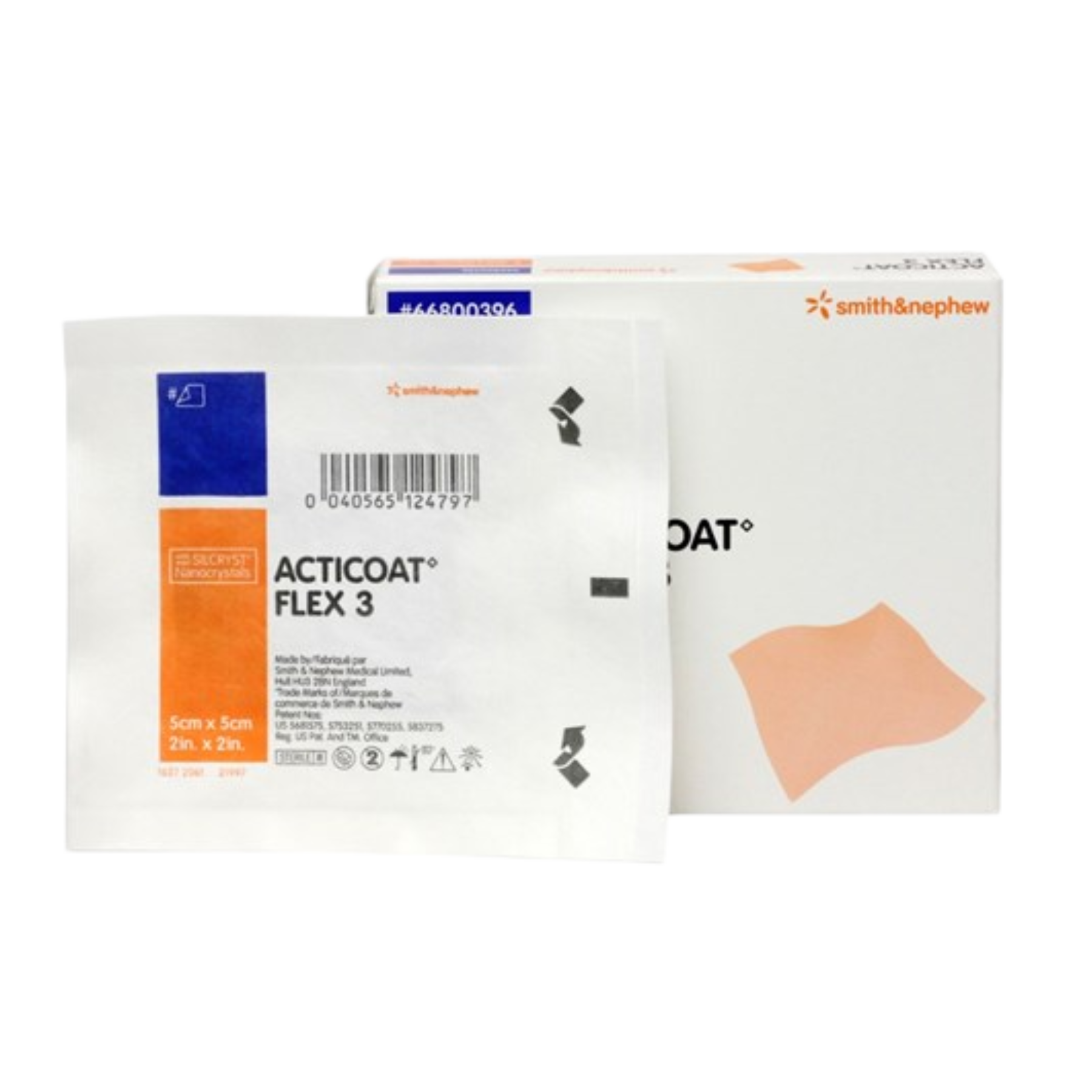 Front view of a sterile individual pouch and box for ACTICOAT Flex 3 antimicrobial silver dressing, size 5cm x 5cm (2in. x 2in.).
