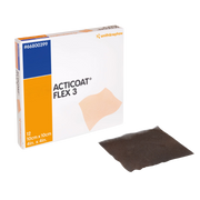 A retail box of ACTICOAT Flex 3 antimicrobial dressings shown with one unwrapped dark grey mesh-like silver dressing, size 10cm x 10cm.