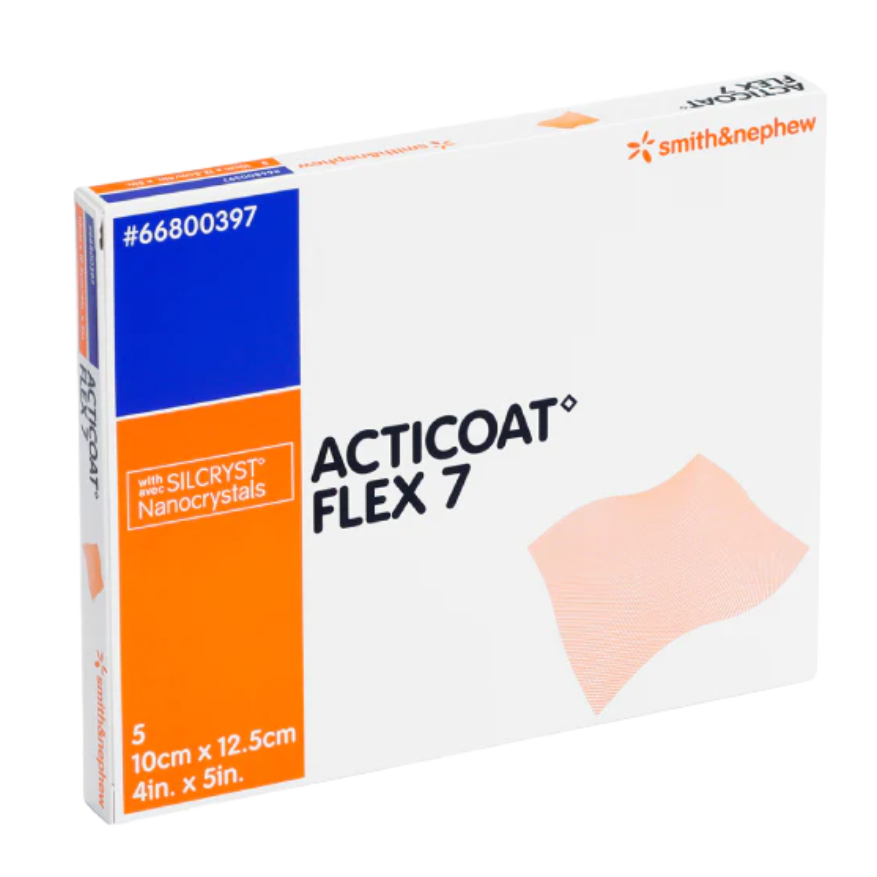 Box of Smith & Nephew Acticoat Flex 7 Silver Antimicrobial Dressing, 10cm x 12.5cm (4in x 5in), item number 66800397.