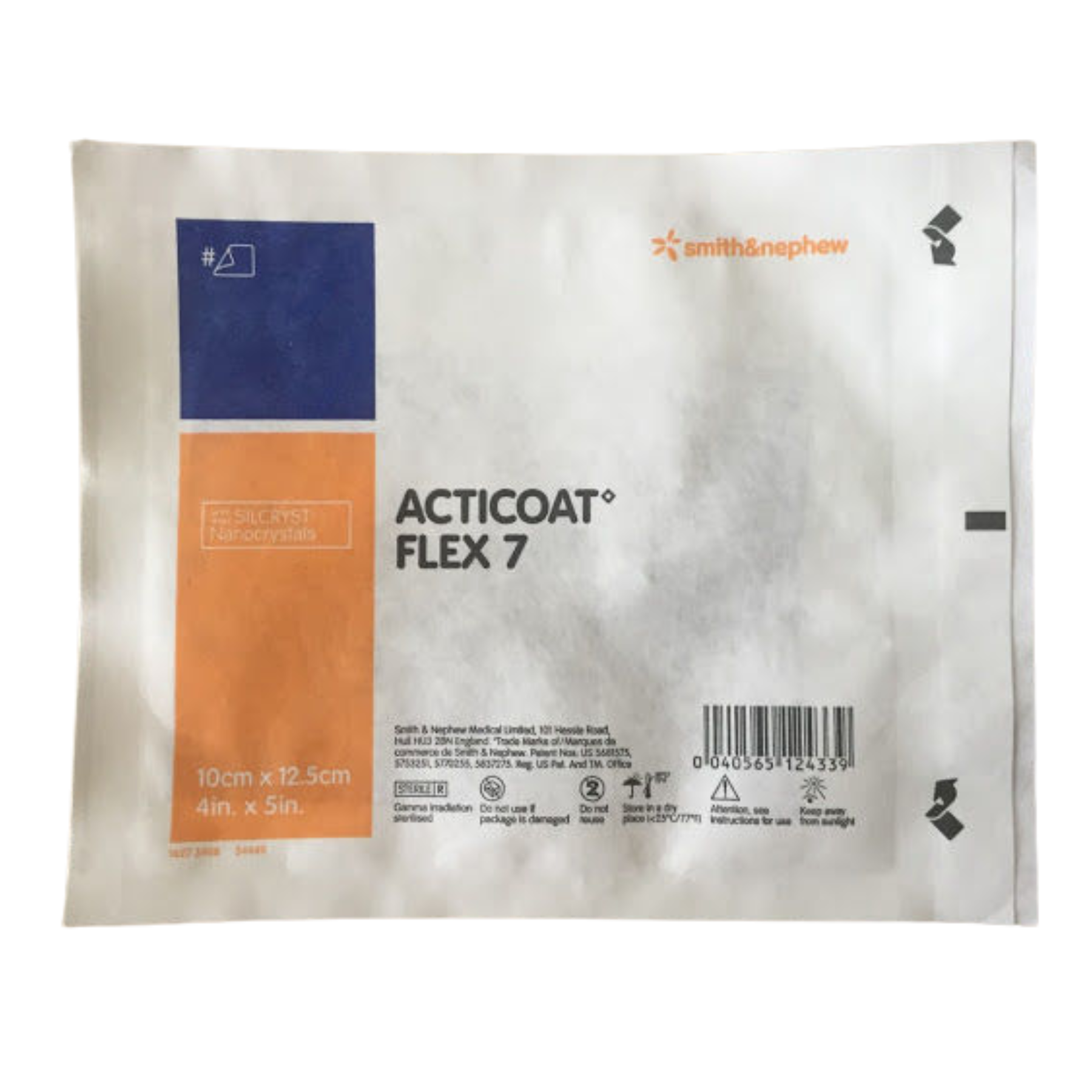 Individual sterile pouch packaging for Acticoat Flex 7 dressing, showing manufacturer details, barcode, and 10cm x 12.5cm sizing.