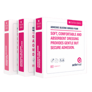Three boxes of ActivHeal adhesive silicone dressings stacked together, including Silicone Foam Lite, Wound Contact Layer, and Border Foam.