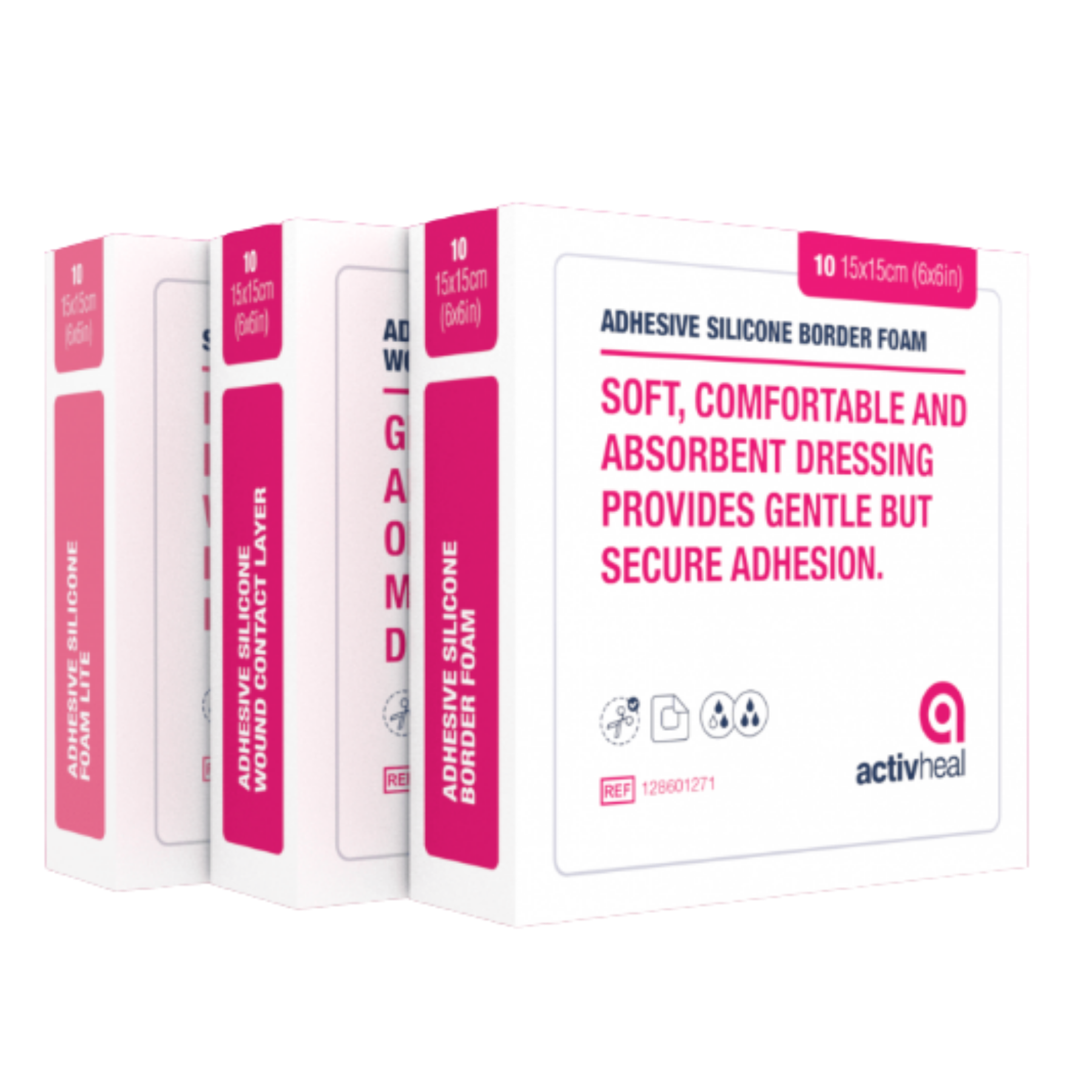 Three boxes of ActivHeal adhesive silicone dressings stacked together, including Silicone Foam Lite, Wound Contact Layer, and Border Foam.