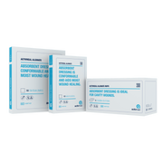 Three ActivHeal Alginate product boxes: two square pads and one long rope for cavity wounds, highlighting product range.