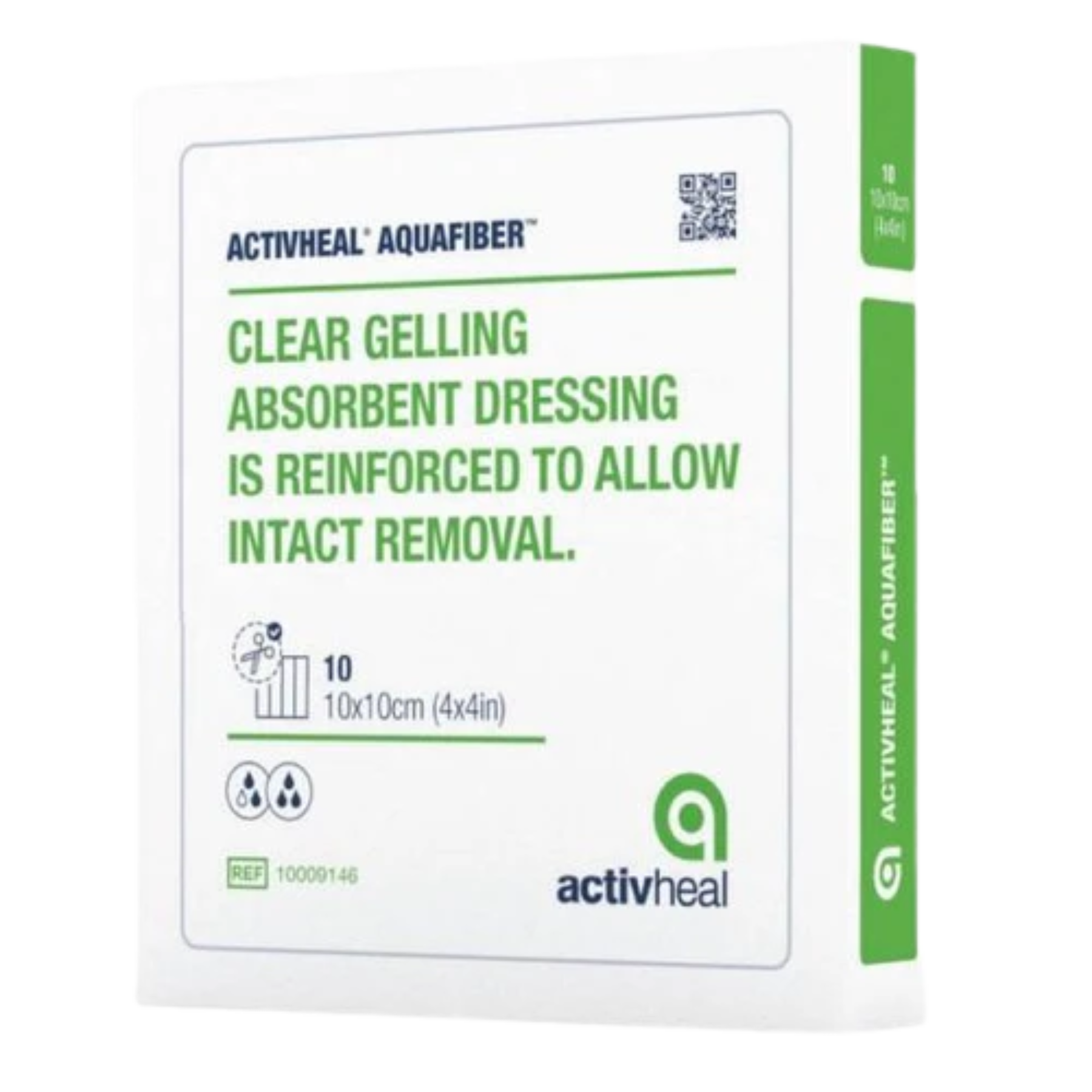 Front view of the ActivHeal Aquafiber retail box for clear gelling absorbent dressings used for moderate to heavily exuding wounds.