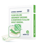 Product box featuring a diagram of the reinforced internal fiber layers of the Aquafiber wound dressing.