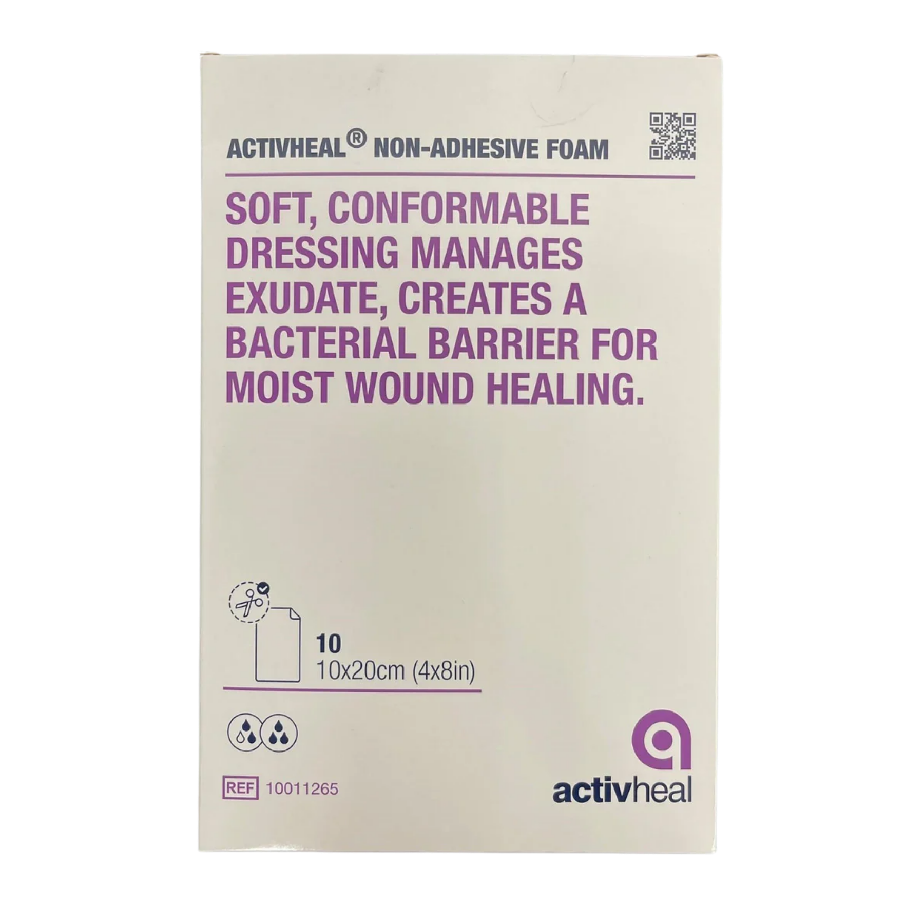 Front of a retail box for ActivHeal Non-Adhesive Foam containing ten 10x20cm dressings, highlighting exudate management and bacterial barrier properties.