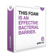 A 3D product render of an ActivHeal Foam box with a focus on the marketing text "This foam is an effective bacterial barrier."