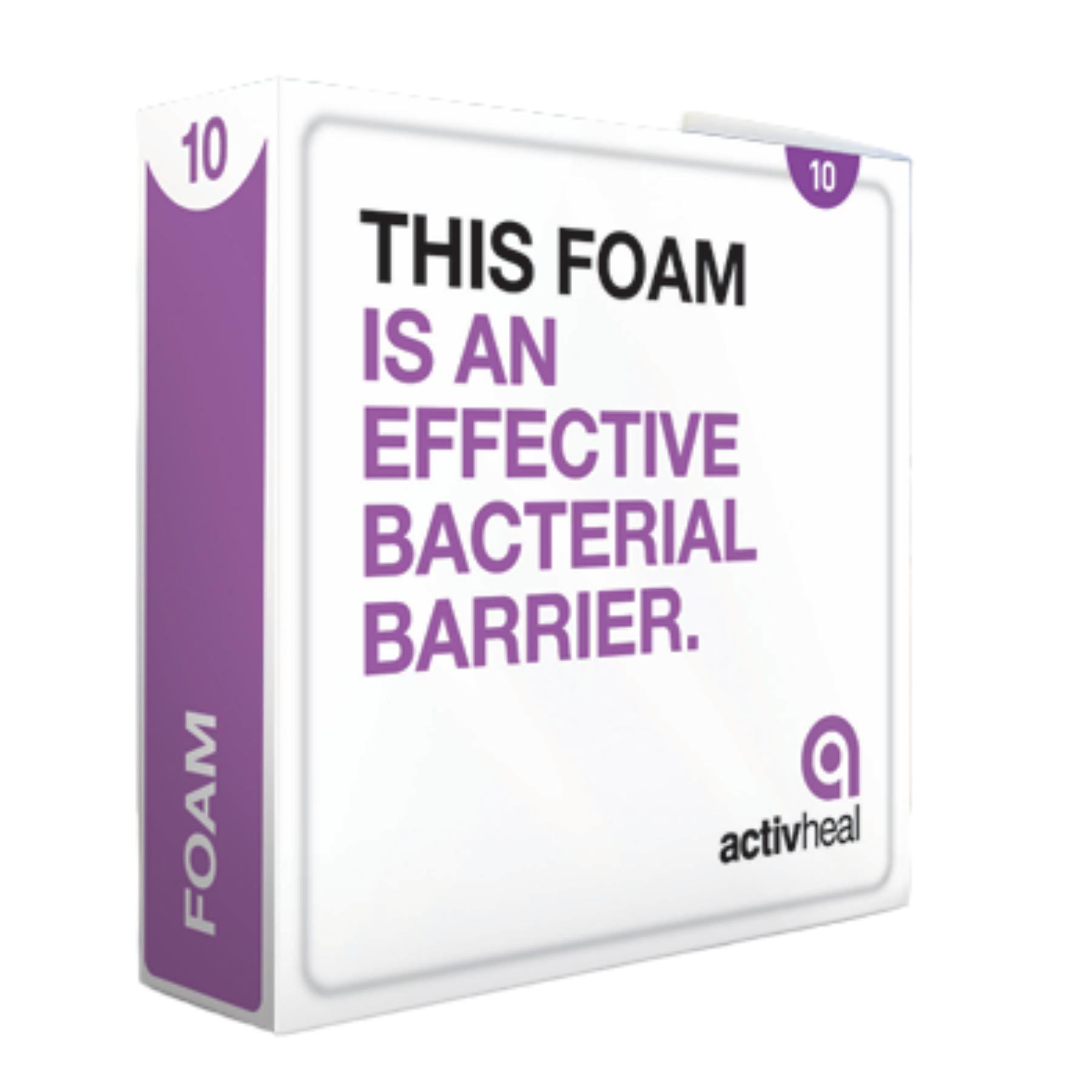 A 3D product render of an ActivHeal Foam box with a focus on the marketing text "This foam is an effective bacterial barrier."