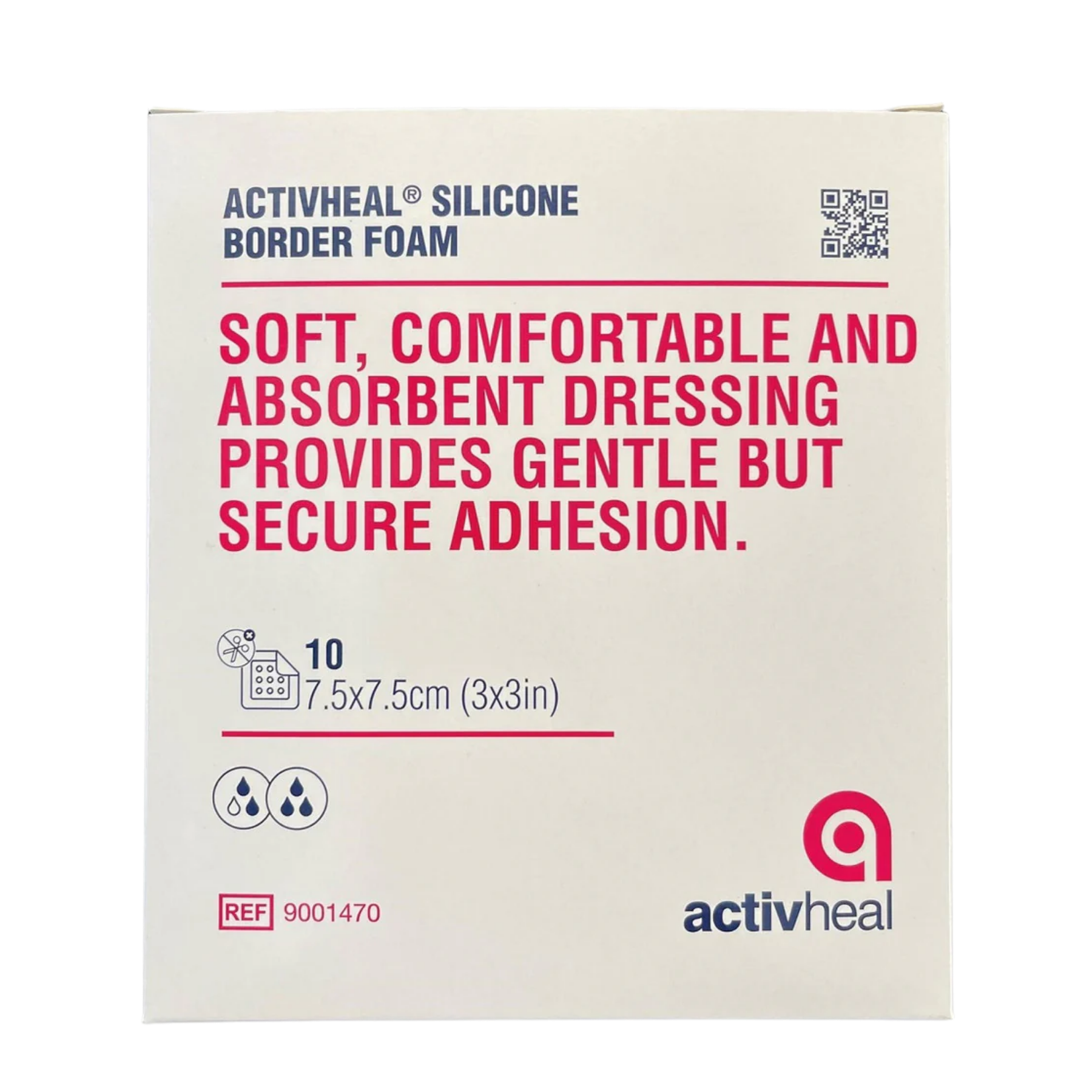 The front of an ActivHeal Silicone Border Foam box, describing it as a soft, comfortable, and absorbent dressing that provides gentle but secure adhesion.