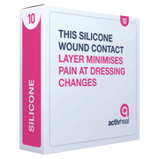 Angled view of a box of 10 ActivHeal Silicone Wound Contact Layers, featuring the brand logo and key benefit: minimizing pain at dressing changes.