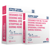 Two boxes of ActivHeal wound dressings side-by-side: a 10x10cm Non-Border version and a 5x5cm Border version.