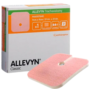 Smith & Nephew ALLEVYN Classic Tracheostomy non-adhesive hydrocellular foam dressing showing the 9cm x 9cm pink foam pad with keyhole aperture next to its white and orange box.