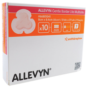 A box of 10 ALLEVYN Gentle Border Lite Multisite sterile dressings, 8cm x 8.4cm, showing the trilobate shape and 7-day wear icon.