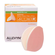 A retail box of ALLEVYN Heel Classic foam dressings shown next to a single, anatomically shaped pink and white heel dressing.