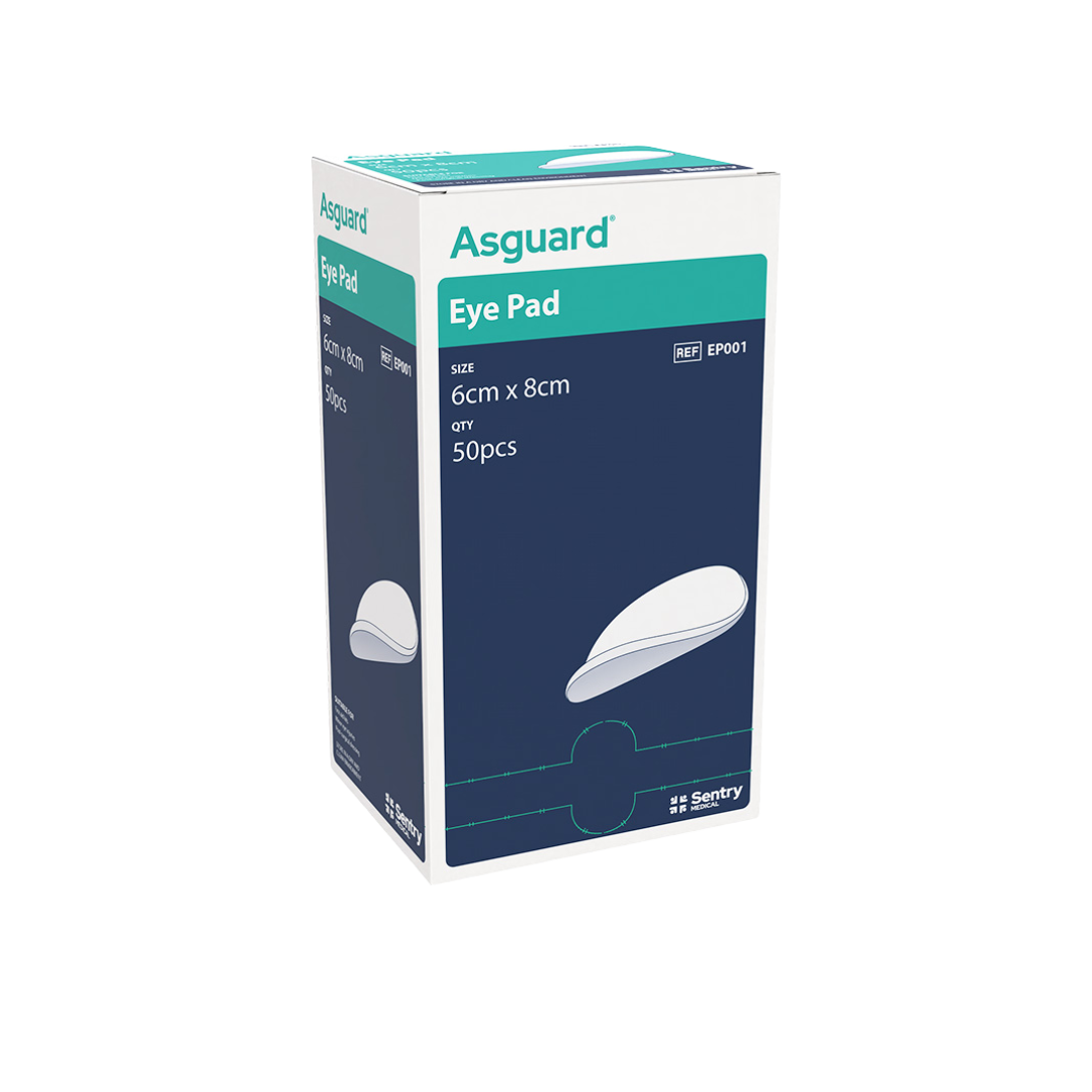 Box packaging for Asguard Eye Pads, 6cm x 8cm, Quantity 50 pieces, showing the product name, size, quantity, REF EP001, and 'SENTRY MEDICAL' logo.