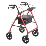 Aspire Classic 8" Wheels Seat Walker in red and blue, foldable frame with padded seat for safe mobility.