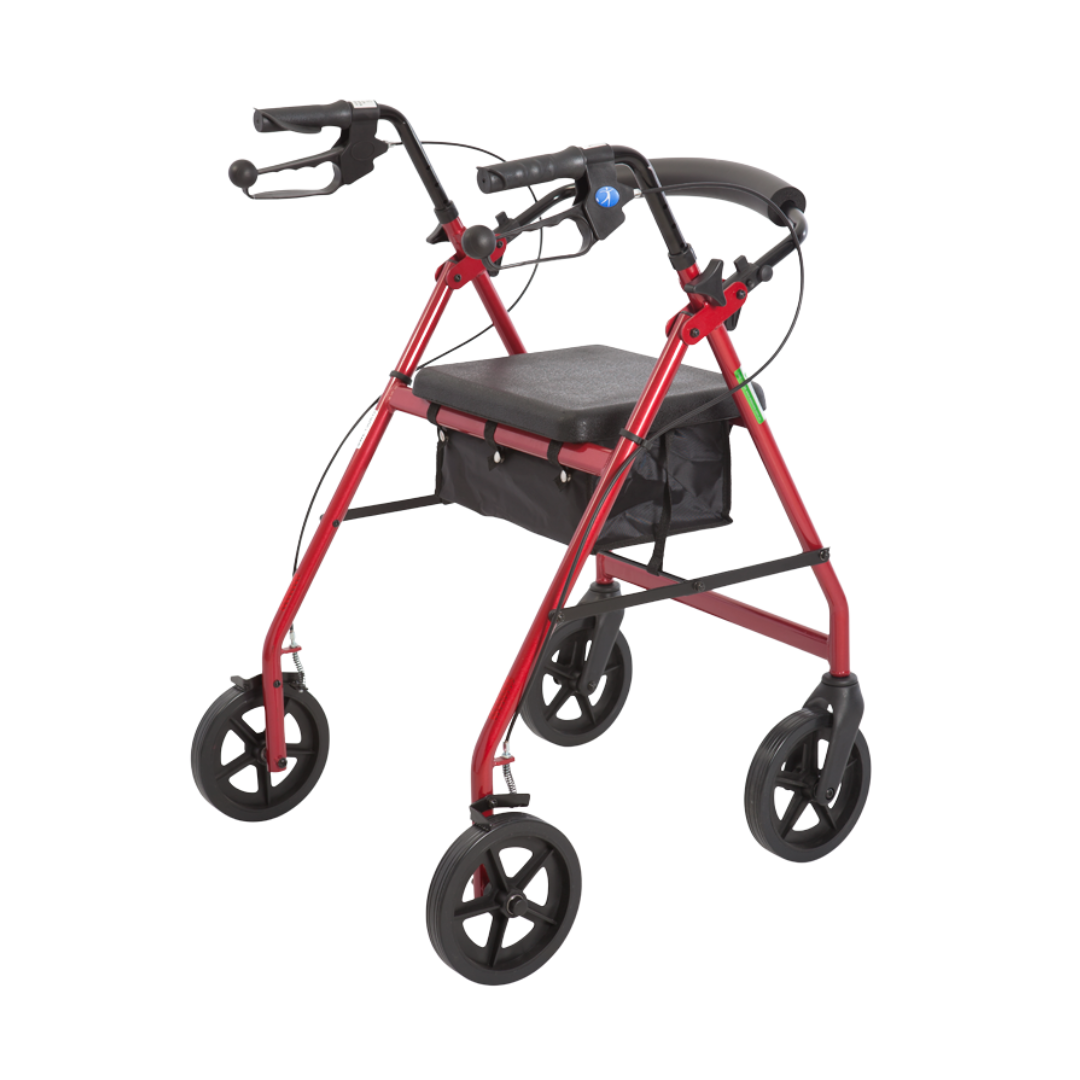 Aspire Classic 8" Wheels Seat Walker in red and blue, foldable frame with padded seat for safe mobility.