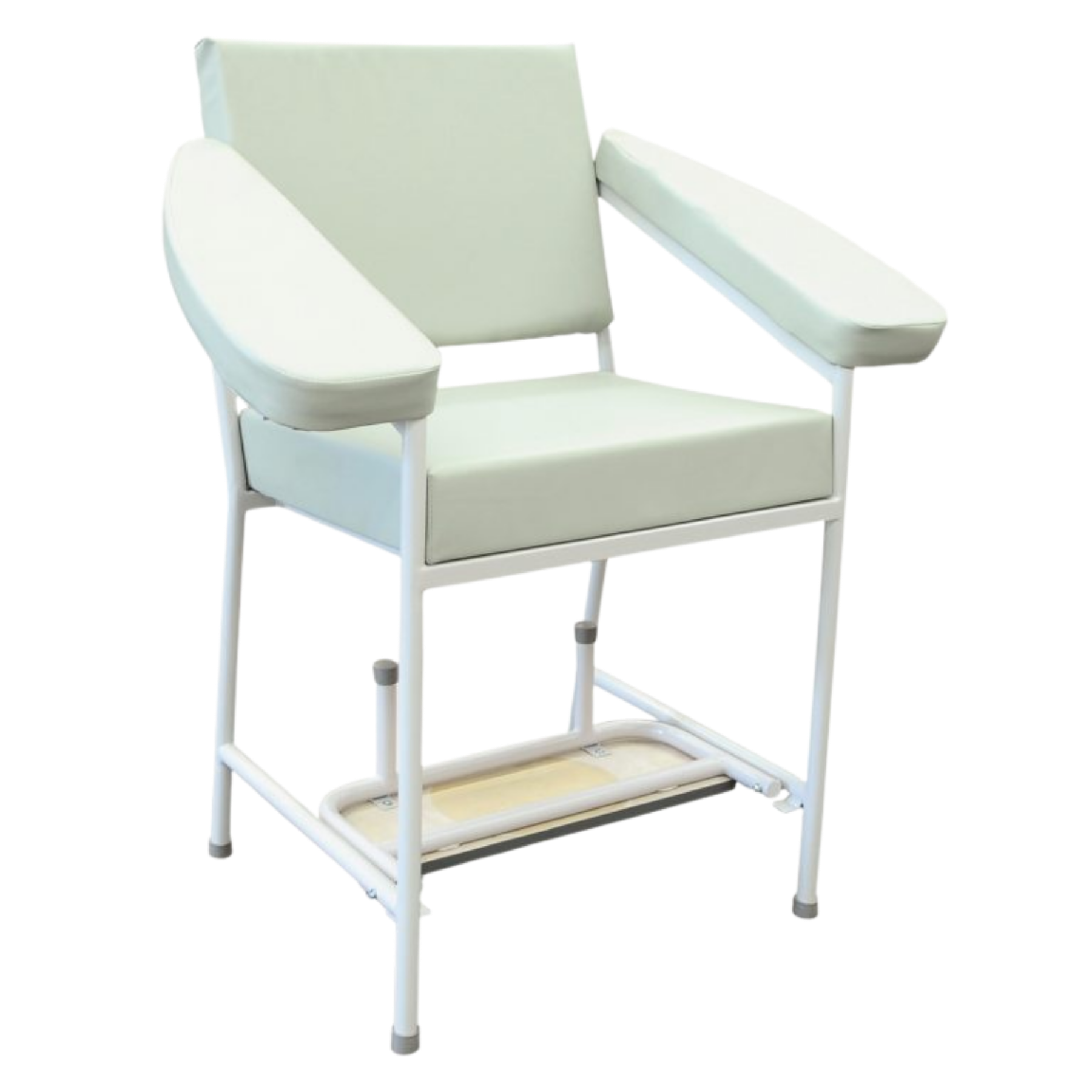 Side view of theGrey 550mm blood collection chair with the integrated footrest folded away, showing the chair's space-saving design for clinical environments.