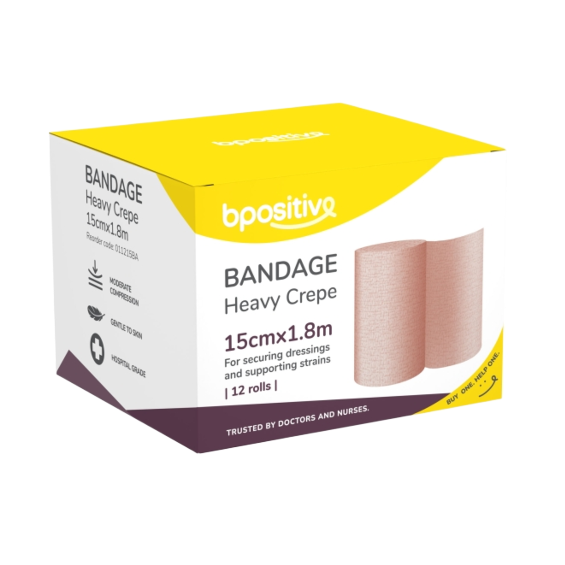 Front view of a white and yellow box of bpositive brand Heavy Crepe Bandages, size 15cm by 1.8m, containing 12 rolls.