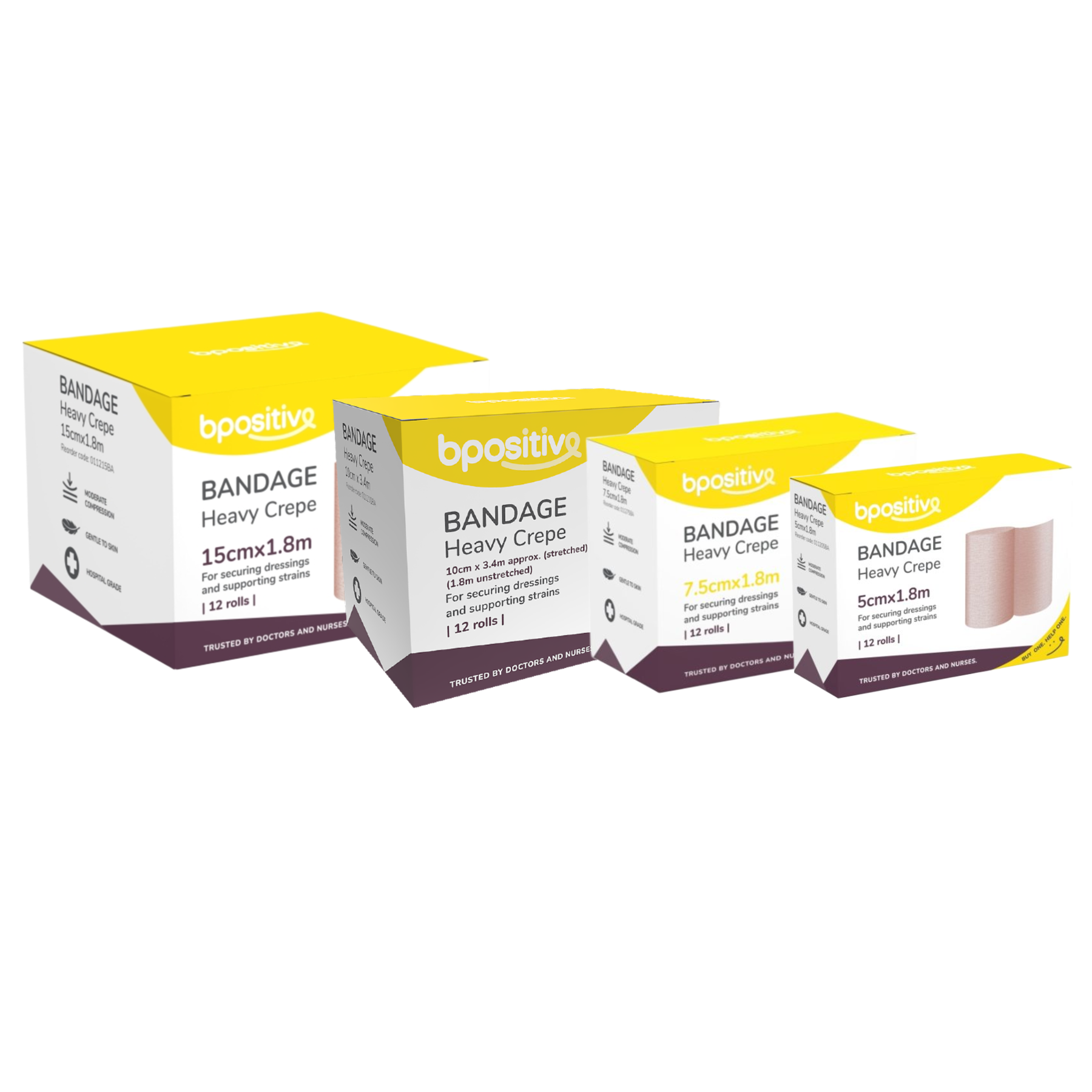 A row of four bpositive Heavy Crepe Bandage boxes in varying widths: 15cm, 10cm, 7.5cm, and 5cm.