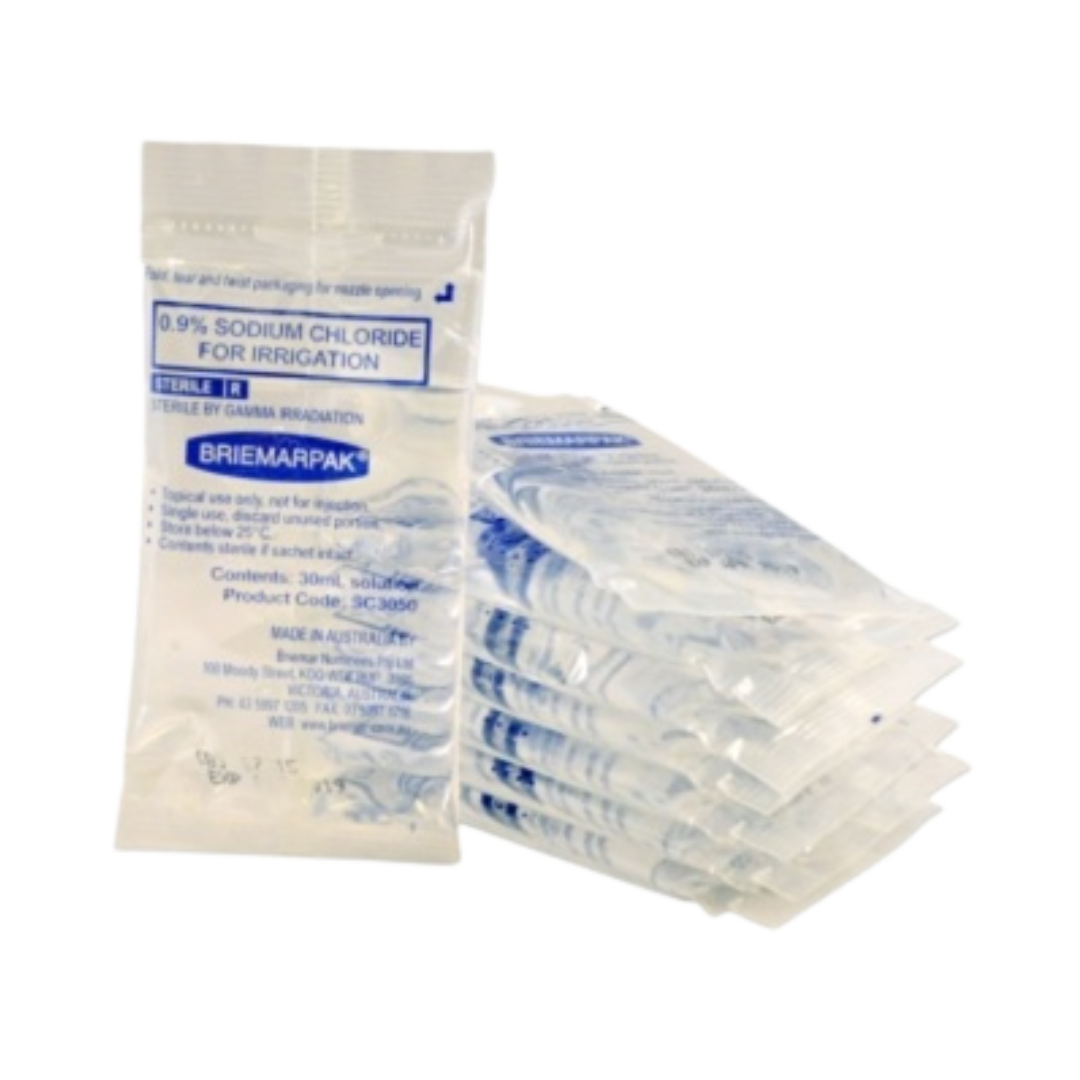 Briemar SC3050 0.9% Sodium Chloride for Irrigation solution in a sterile 30ml sachet, showing the easy-tear opening and essential product details.