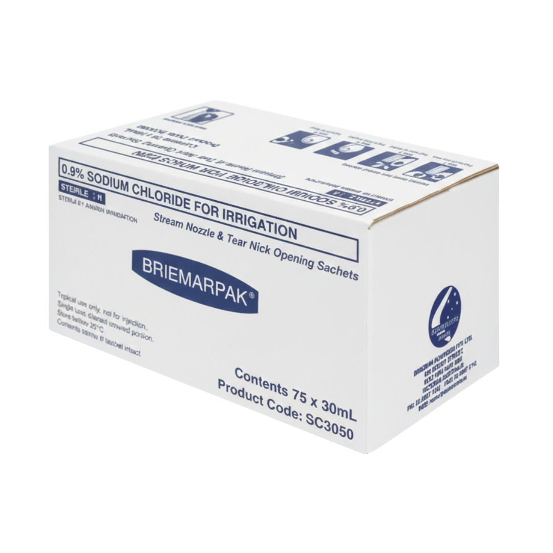 Retail box of Briemarpak 0.9% Sodium Chloride for Irrigation sachets, contents 75 x 30mL, Product Code SC3050