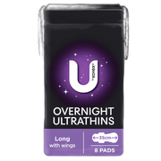 Front view of U by Kotex Overnight Ultrathins long pads with wings package, containing 8 pads measuring 35cm in length.