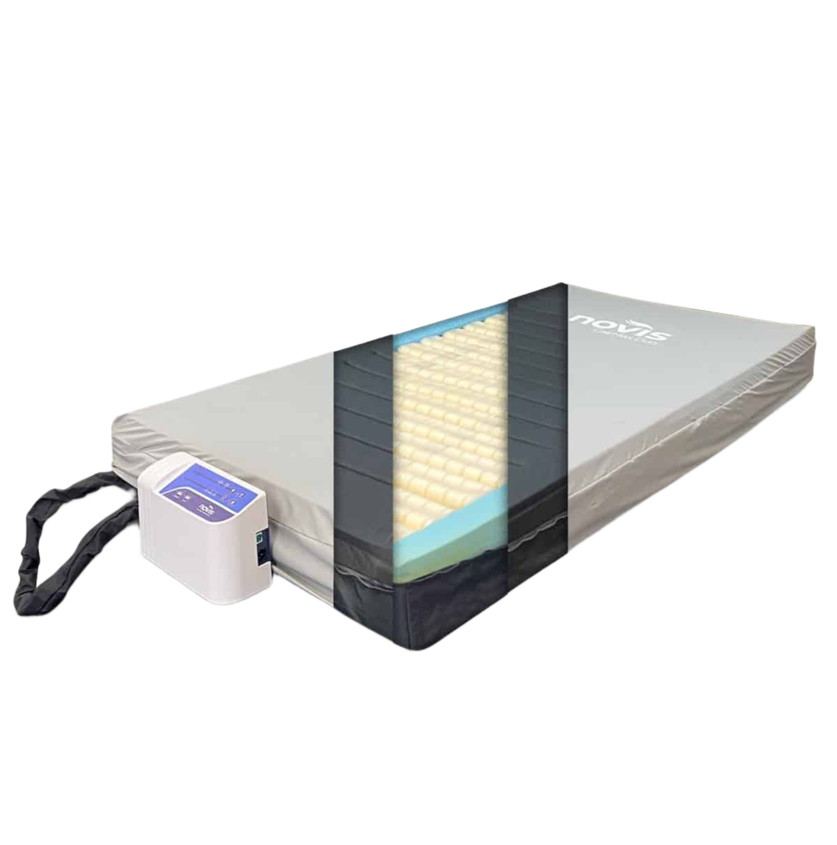 A cutaway view of the Novis CairMax Duo mattress illustrating the internal air cell system integrated within the foam support layers.