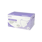 Box of children's surgical face masks with 50 pieces per box, the masks are white with an adjustable nose bridge and ear loops, the box is purple with branding and product information.