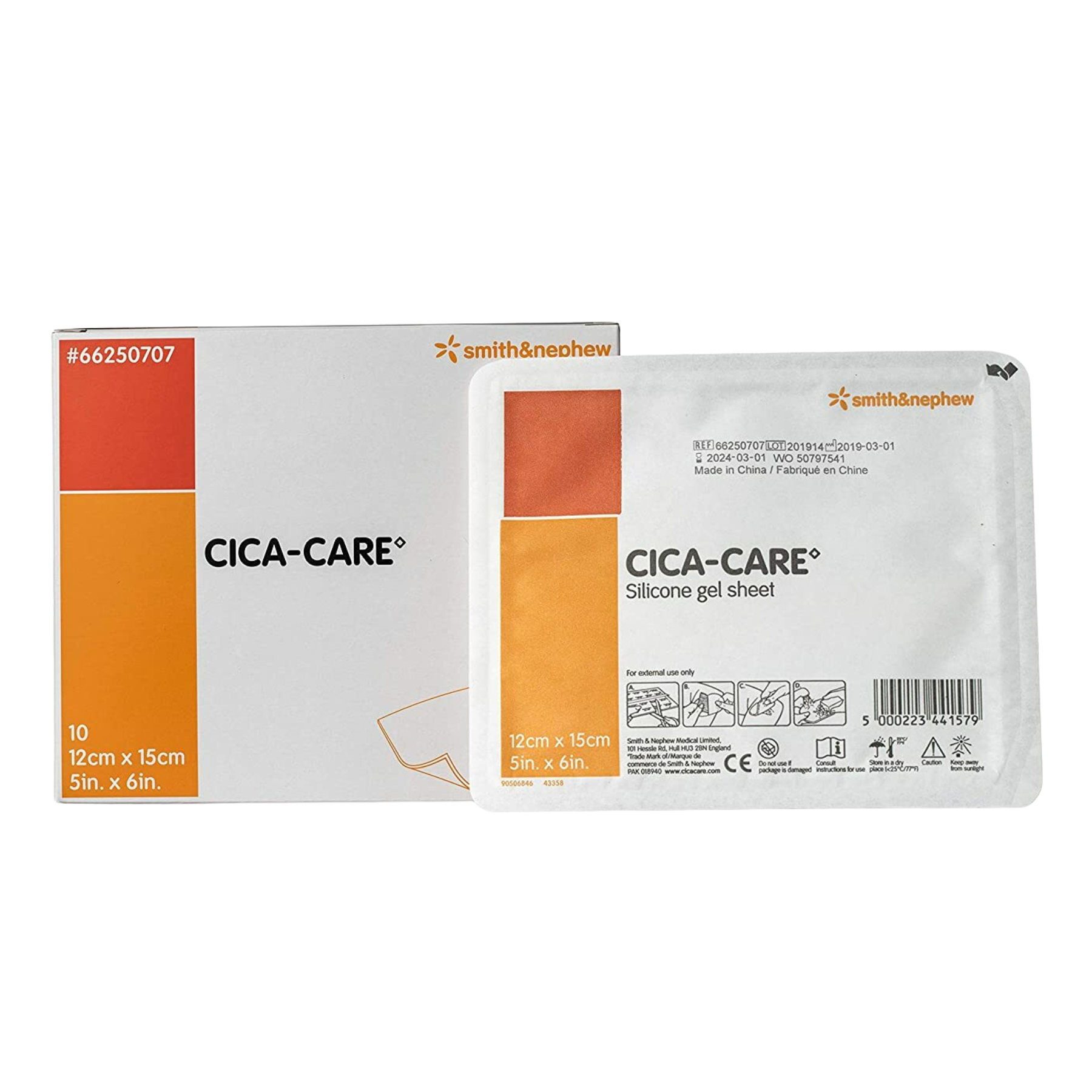 Front view of a Smith & Nephew CICA-CARE Silicone Gel Sheet box and a single sterile individual pouch, size 12cm x 15cm.