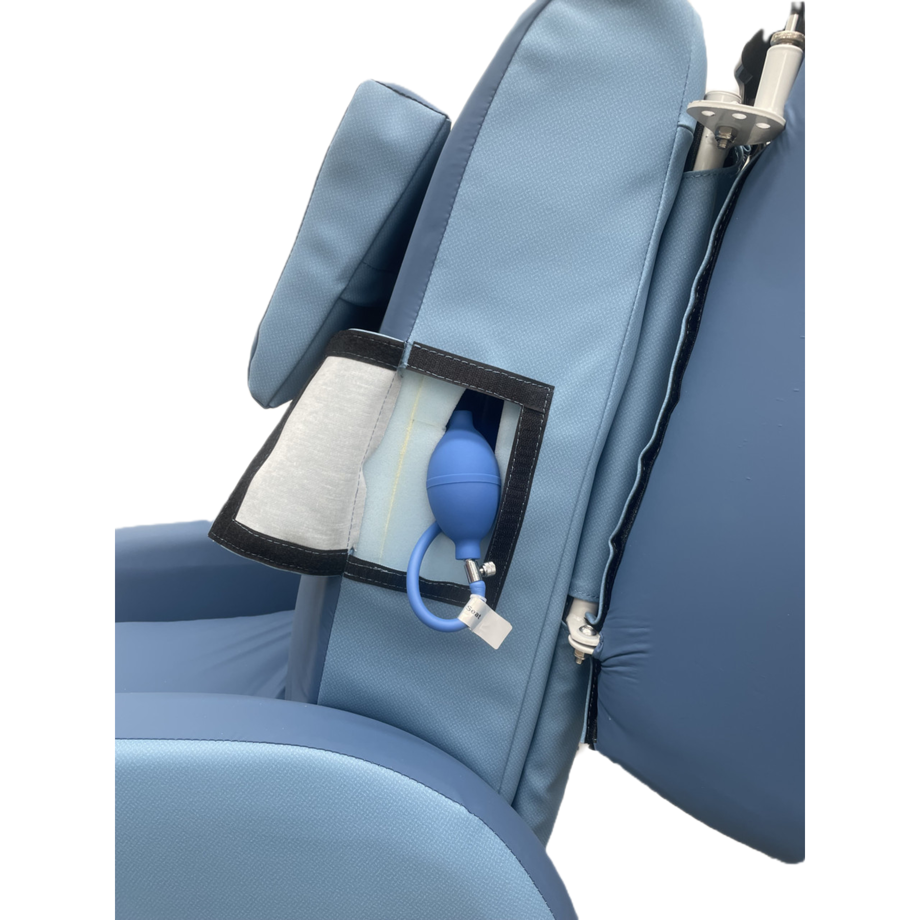Blue inflatable seat cover with pump attached to a vehicle seat