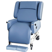 Blue recliner chair with wheels on a white background