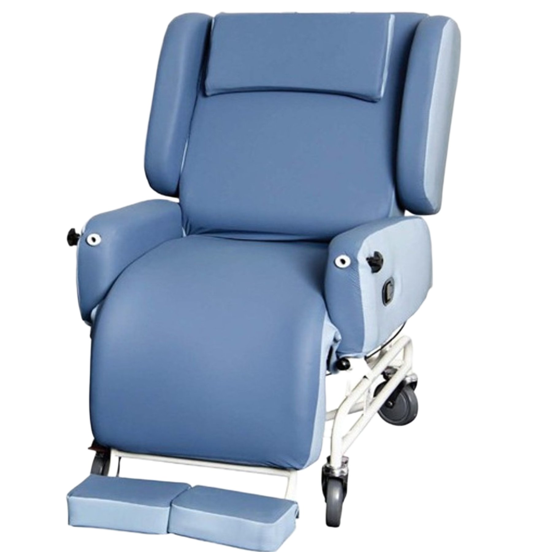 Blue recliner chair with wheels on a white background