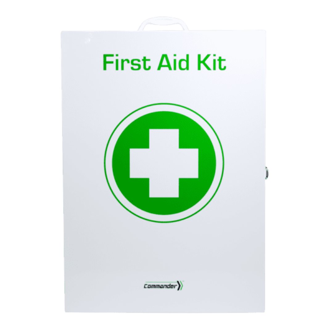 Closed view of the white, wall-mountable Commander Metal First Aid Kit case with a green cross and the "First Aid Kit" title.