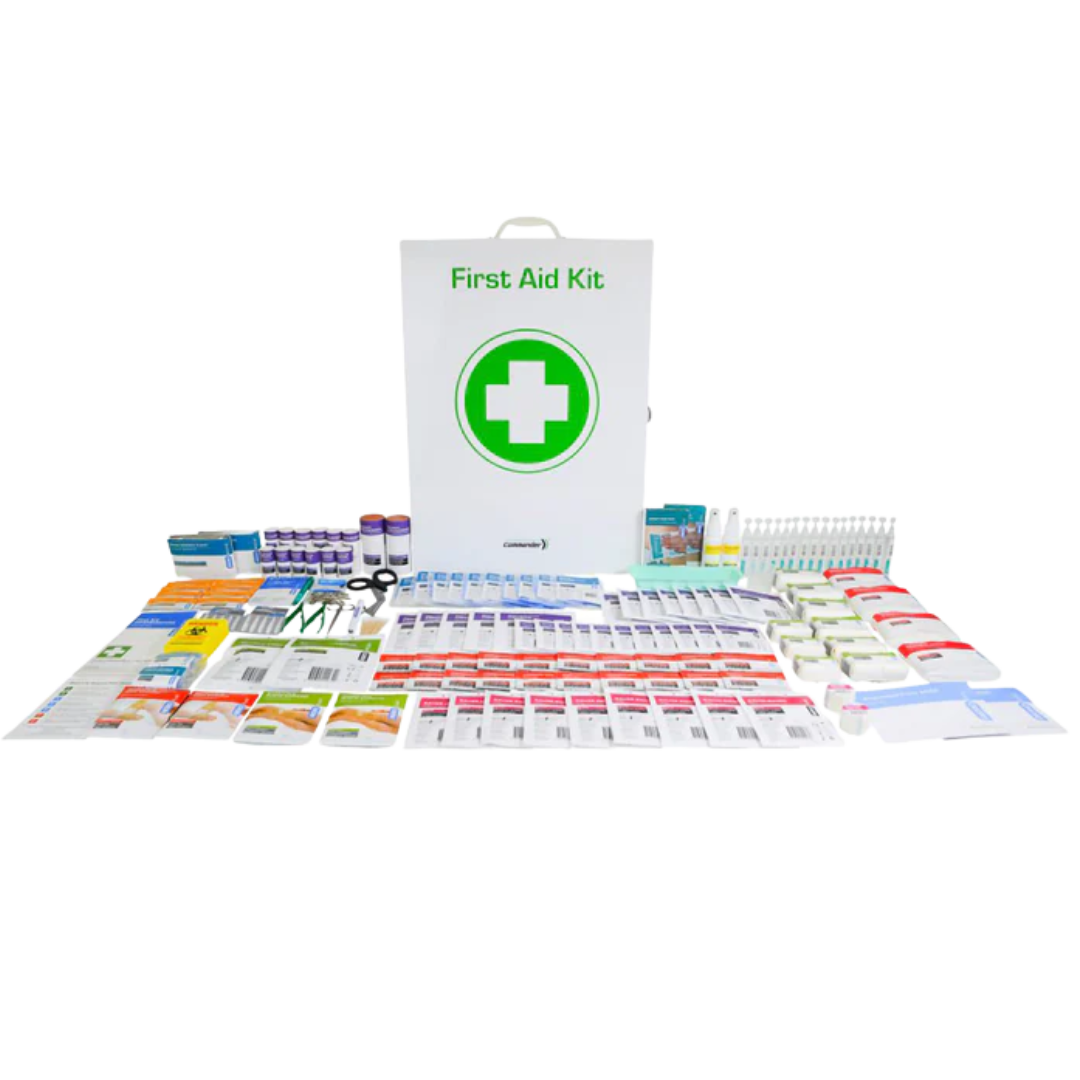 A comprehensive view of all medical and non-medical supplies laid out from the Commander 6 Series First Aid Kit