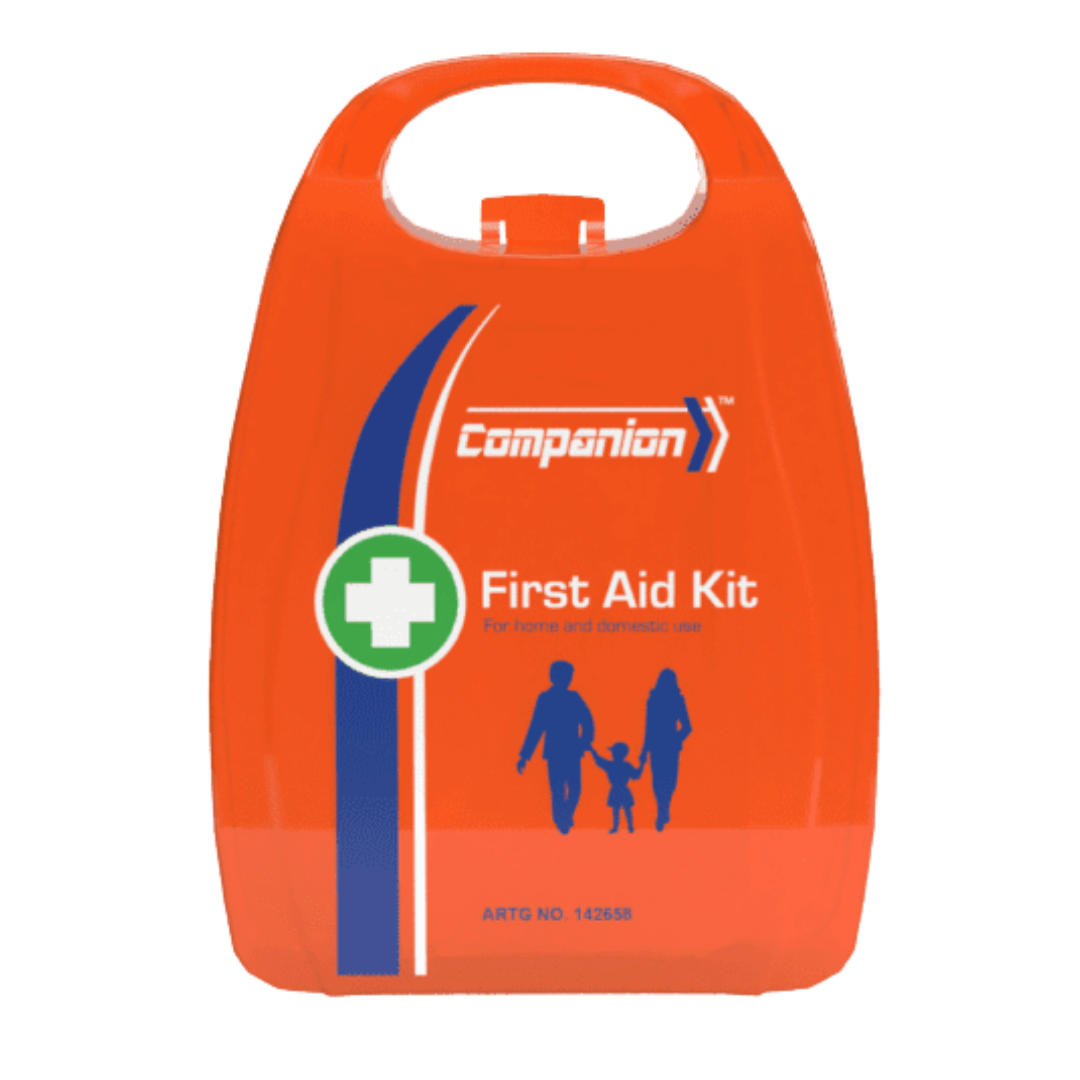 A close-up photograph of the compact, bright orange, plastic case for the Companion 1 Series First Aid Kit. The case features a white first aid cross icon inside a green circle and a blue stripe. White text displays the "Companion" brand name, "First Aid Kit," and "For home and domestic use." It also has a graphic of a family silhouette (two adults and a child) and the regulatory number AR-T-G NO. 142658.
