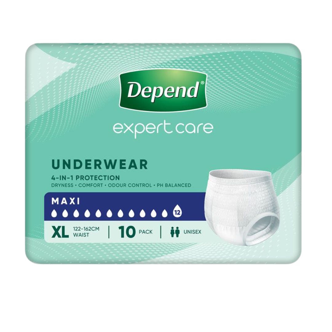 Packaging for Depend Expert Care Underwear Maxi, XL size (122-162cm waist), 10 pack, featuring 4-in-1 protection and unisex design.